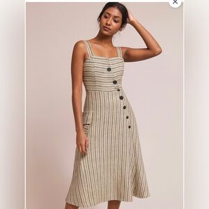 NWT EVA FRANCO Dress SIZE 4P- Linen Blend Striped Button Front Midi Made in USA.